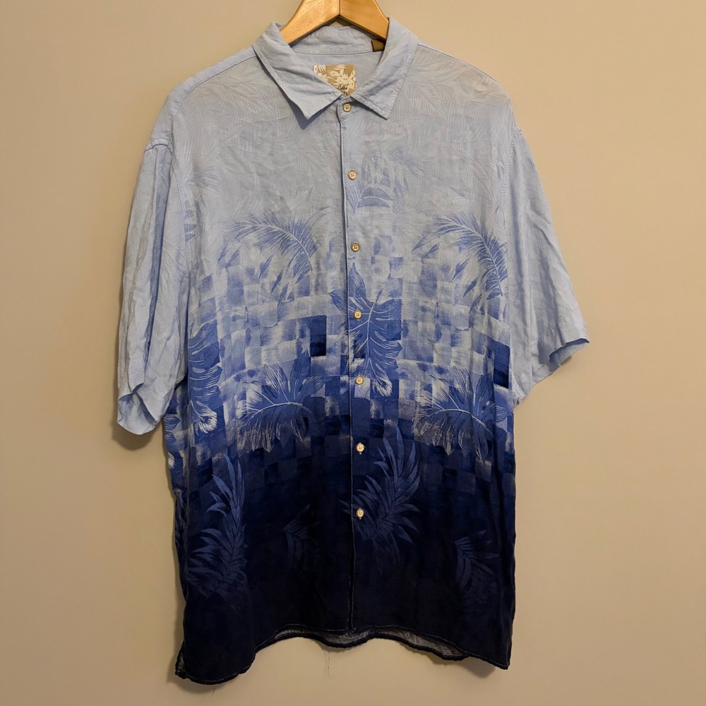 Tasso Elba Island Mens XXL Blue Ombre Tropical Palm Rayon Button Down Shirt SU17